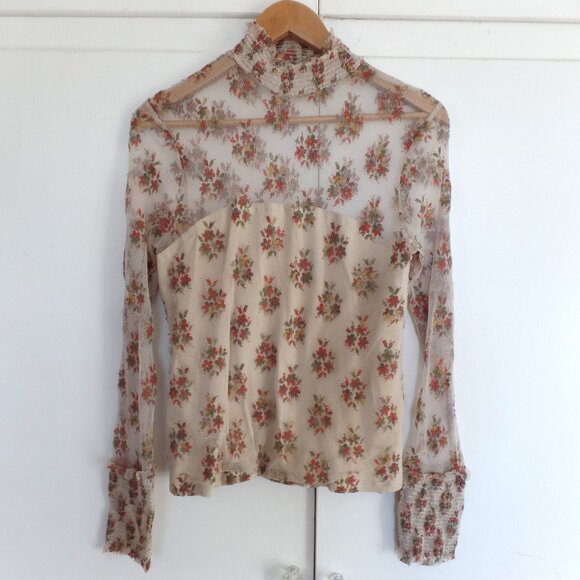 Free People Mesh Layering Top Reversable Floral Permanent Lined Ruched Shirt L - Picture 2 of 7